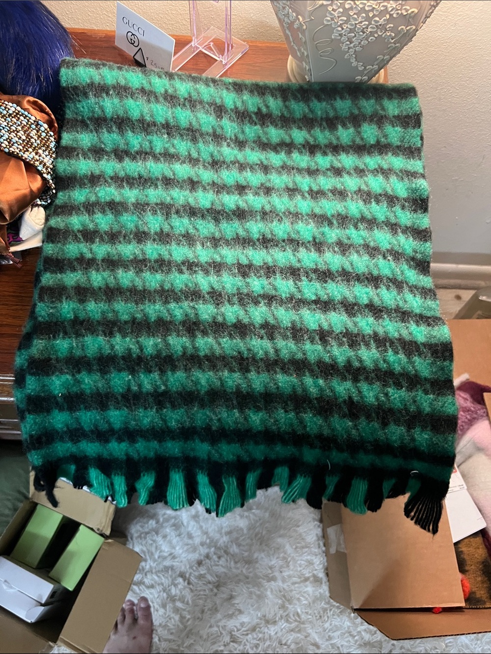 kate spade Green and Black Houndstooth Fringed Scarf